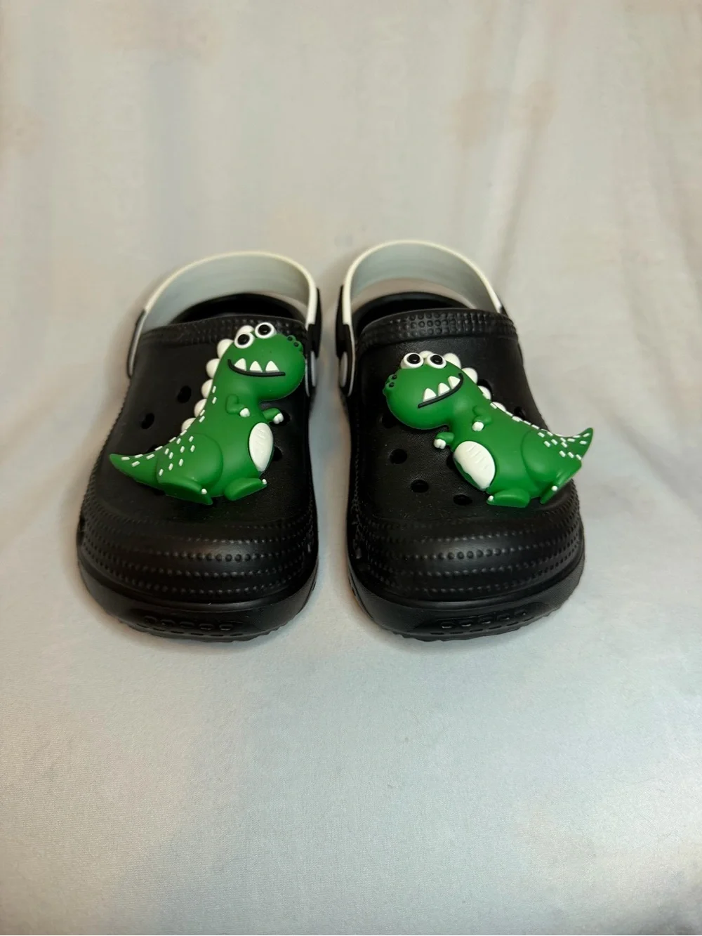 Black Kids Clog Sandals with Green Dinosaur Charms